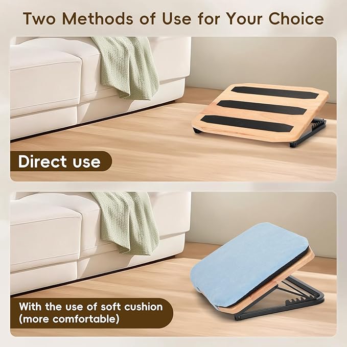 Foot Rest for Under Desk at Work-Adjustable Ergonomic Under Desk Foot Rest- 7 Adjustable Angles Wood Desk Footrest, Under Desk Foot Rest for Office Leg Rest - Natural-with Blue Cushions