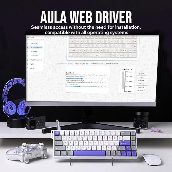 EPOMAKER Aula WIN68 HE Magnetic Keyboard with Adjustable Actuation, Hall Effect Switches, 65% Wired Compact Keyboard, 8000 Hz Polling Rate, Hot-Swappable (Grey&White&Blue)