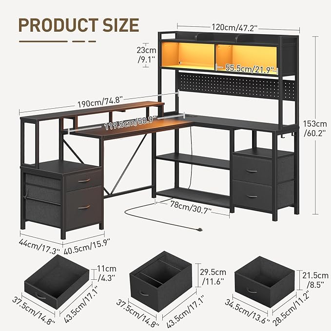 RALGEND 75inch L Shaped Computer Desk with Drawers, Large Gaming Desk with LED Light & Power Outlets, Corner Computer Desk with Storage Shelves & Monitor Stand for Home Office, Black