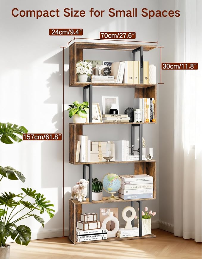 6 Tier S-Shaped Geometric Bookcase with LED Light, Touch & Remote Control, Wide Tall Freestanding Display Shelf, Industrial Storage Cabinet for Living Room, Bedroom, Office
