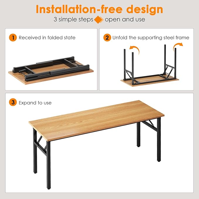Need Office Computer Desk - 54.3L Sturdy and Heavy Duty Folding Laptop Table, Writing Table Home Office Desk, No Assembly Required Teak&Black