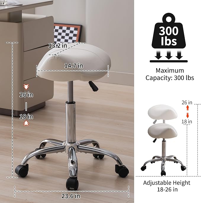 FIRAVOE Saddle Stool, Swivel Saddle Stool with Wheels, Adjustable Rolling Stool 18"-26", Faux Leather Rolling Stool for Salon, Massage, Clinic, Lab, Office (White, 1PCS (18"-26"))