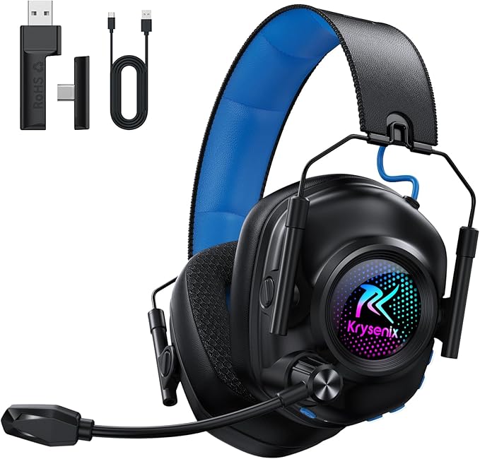 Krysenix Wireless Gaming Headset with Noise Canceling Microphone for PC, PS5, PS4, Switch, Mac, 2.4 GHz Wireless & Bluetooth 5.4 Gaming Headphones, Cool RGB Lighting, 50Hr Battery, 50mm Drivers(Blue)