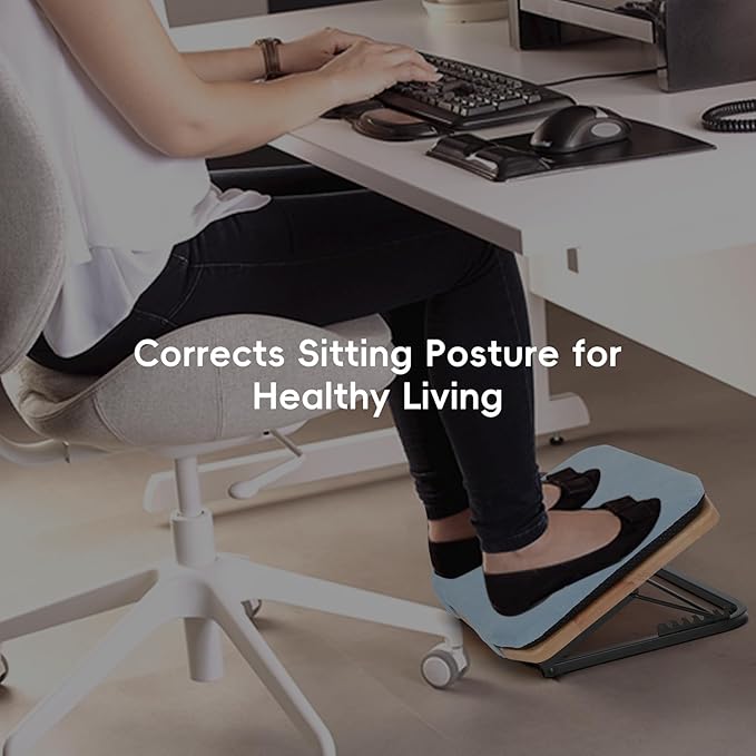 Foot Rest for Under Desk at Work-Adjustable Ergonomic Under Desk Foot Rest- 7 Adjustable Angles Wood Desk Footrest, Under Desk Foot Rest for Office Leg Rest - Natural-with Blue Cushions