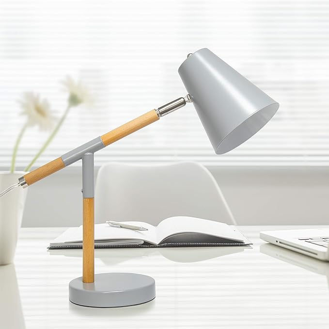 Simple Designs LD1059-GRY Gray Matte and Wooden Pivot Desk Lamp