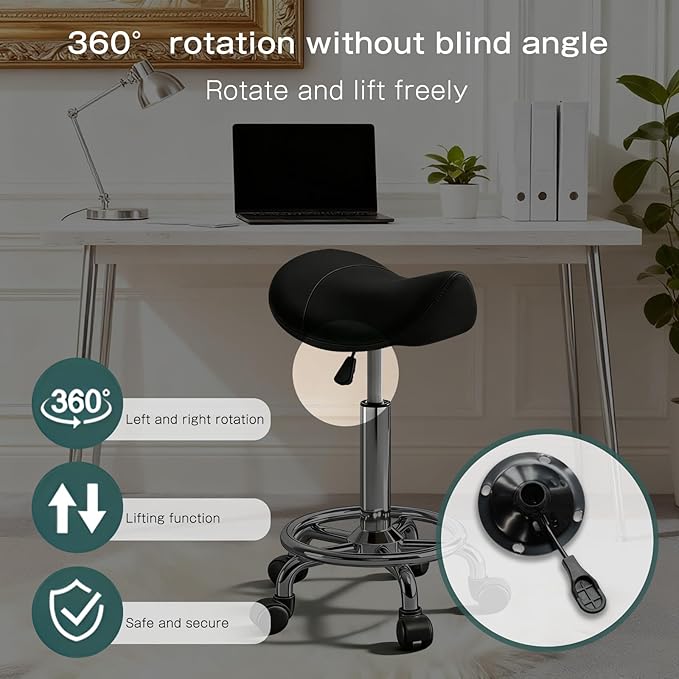 Saddle Stool, Adjustable Height Ergonomic Swivel Chair with Wheels, PU Leather Saddle Seat with Ring Pedal for Salon, Massage, Clinic, Lab, and Office