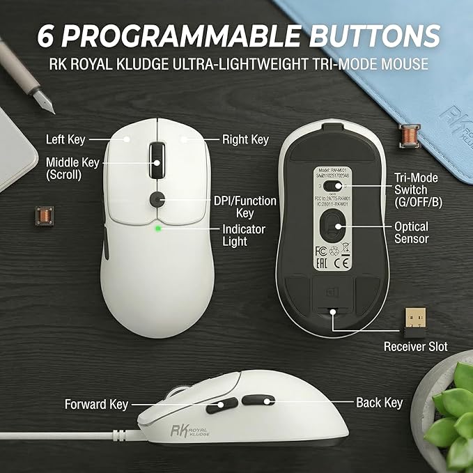 RK ROYAL KLUDGE MO1 Wireless Mouse, 55g Ultra-Lightweight Computer Mice, 6 Programmable Buttons, 2.4GHz/Bluetooth/Wired, 6000 DPI Optical Sensor, White