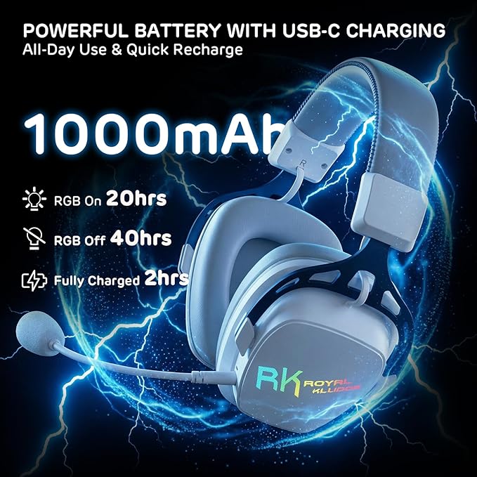 RK ROYAL KLUDGE HG103 Wireless Gaming Headset for PS5/4, Xbox, PC, Switch, BT5.3/2.4G/3.5mm Wired RGB Over Ear Headphones with Noise Canceling Mic, 50mm Drivers, 7.1 Surround Sound for FPS Game