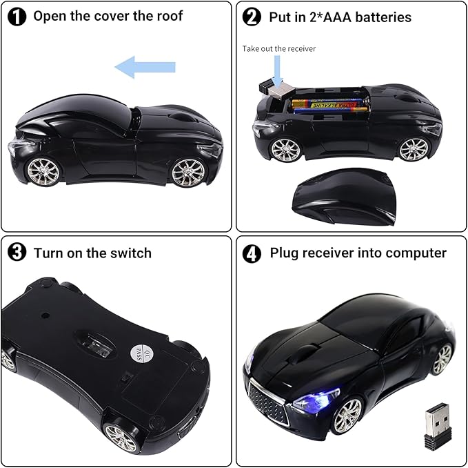 elec Space Wireless Mini Mouse with Case - Cute Sports Car Shape, Lightweight & Portable, 10m Range, Plug and Play (Black)