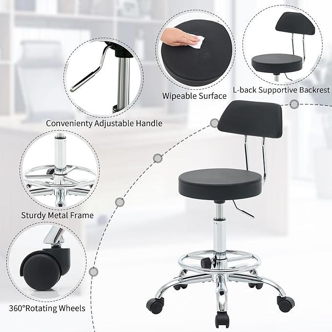FIRAVOE Office Chair with Back (Adjustable Height Posture Stool 19.5"-26.6")(Drafting Chair on Wheels) Work Stool with Footrest (Black)