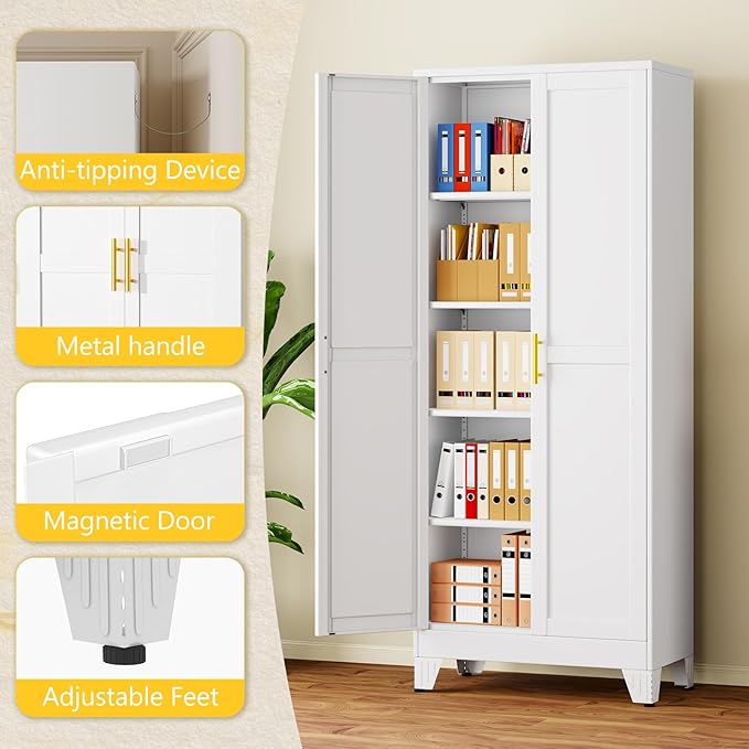 PAOFIN 71" Metal Storage Cabinet with 2 Doors and 4 Adjustable Shelves,White Metal Garage Storage Cabinets, File Cabinet,Steel Tool Cabinets for Home,Office,Garage,School,Warehouse