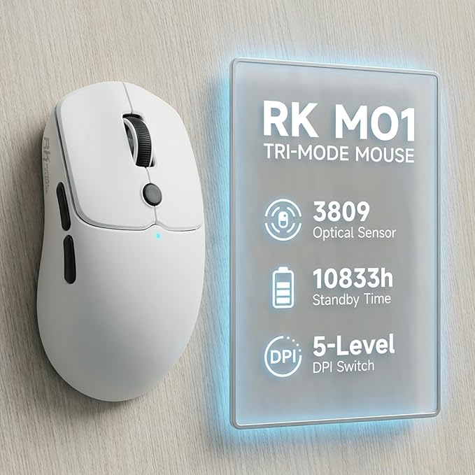 RK ROYAL KLUDGE MO1 Wireless Mouse, 55g Ultra-Lightweight Computer Mice, 6 Programmable Buttons, 2.4GHz/Bluetooth/Wired, 6000 DPI Optical Sensor, White