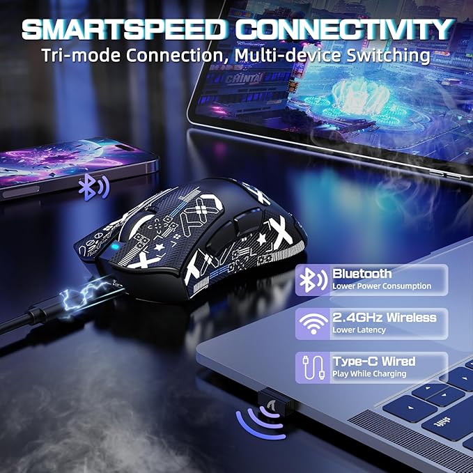ATTACK SHARK V3PRO Wireless Esports Gaming Mouse with Magnetic Charging Dock:62g Lightweight-1K Polling-25K DPI-PAW3311 Sensor,Wired/BT/2.4Ghz Programmable,BK52820 IC for PC Laptop Gamer(Black+Tape)