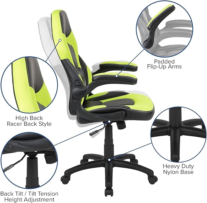 Flash Furniture Black Gaming Desk and Green/Black Racing Chair Set with Cup Holder, Headphone Hook, and Monitor/Smartphone Stand