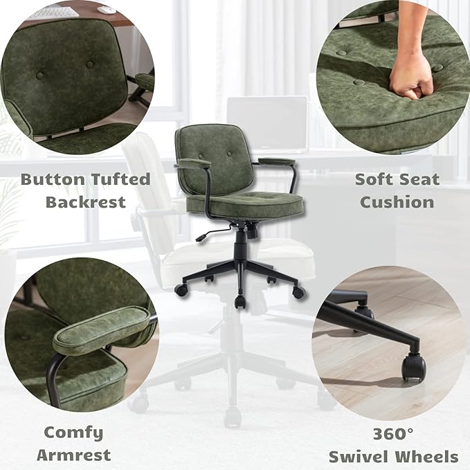 HEAH-YO Modern Armless Desk Chairs Set of 1, Swivel Computer Task Chair with Wheels and Armrests, PU Leather Adjustable Office Chair with Backrest for Home Base, Green