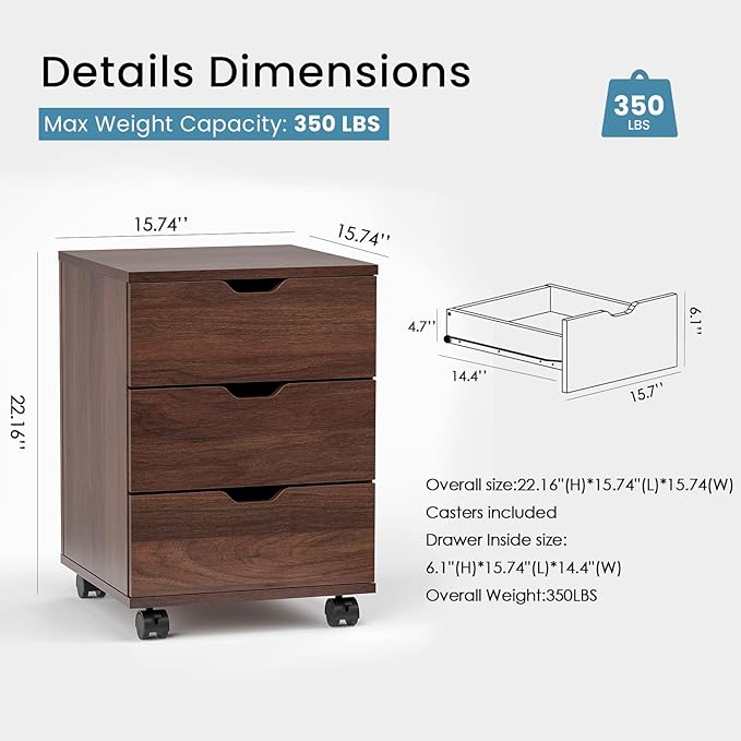 Farini Wood File Cabinet for Home Office,Under Desk 3 Drawer Mobile File Cabinet(Black,(Brown,Non-Assembled)