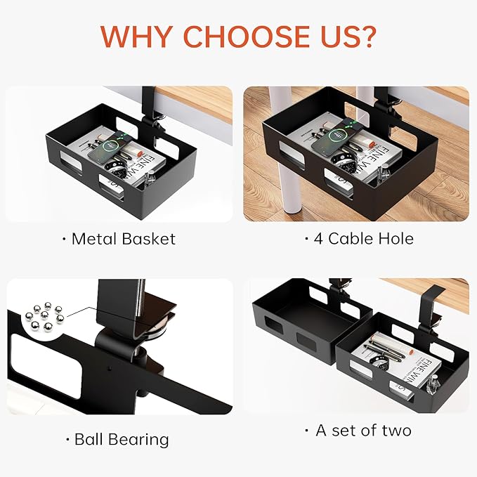 2 Pack Clamp-on Swivel Organizer, Under Desk Hidden Storage Drawer with Cable Hole, Hanging Metal Basket for Extender Space
