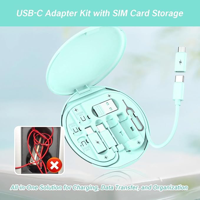 9 in 1 Cable Case USB Adapter Cable Conversion Storage Box USB Type C to Micro USB/Lightning/USB A Cable Data Transfer Tool Contains Sim Card Slot Tray Eject Pin Use as Phone Holder (Green)
