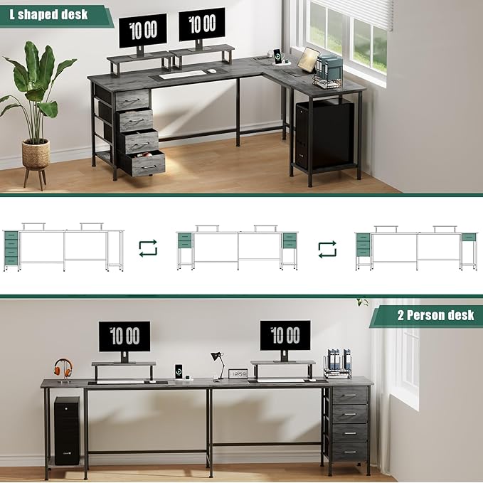 Korfile 66" L Shaped Computer Desk, 94.4'' Home Office Desk with Power Outlets, 4 Adjustable Storage Drawers & 2 Monitor Stands, Large Two Person Gaming Table for Writing Study, Grey