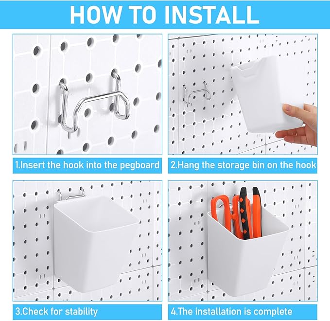 Uiifan 18 Set Pegboard Bins Kit Plastic Pegboard Cups with Metal Hooks Wall Containers Organizer Accessories with Label Stickers for DIY Tools Craft Office Workshop Garage Storage(White)
