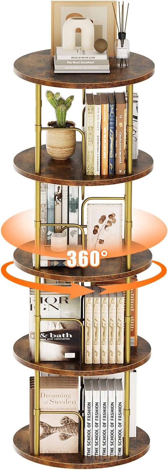 ALLSTAND Rotating Bookshelf, 4 Tier Spinning Bookshelf Tower, 360° Display Unique Round Bookcase, Floor Standing Corner Revolving Bookshelf Storage Organizer for Small Spaces, Home Study Office, Gold