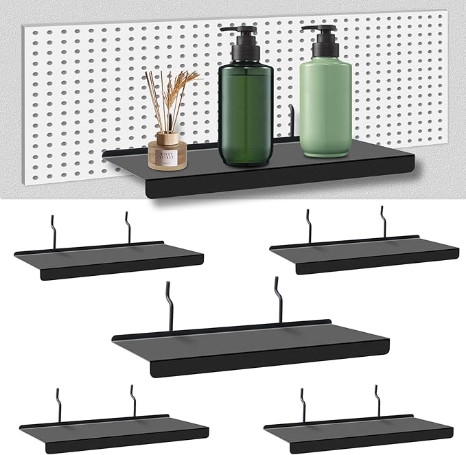 PEKGRIL 10x4.3 Inch Pegboard Shelves Set of 6, Metal Peg Board Shelves Accessories, Flat Display Shelves for Pegboard, Metal Retail Display for Storage and Organization, Black