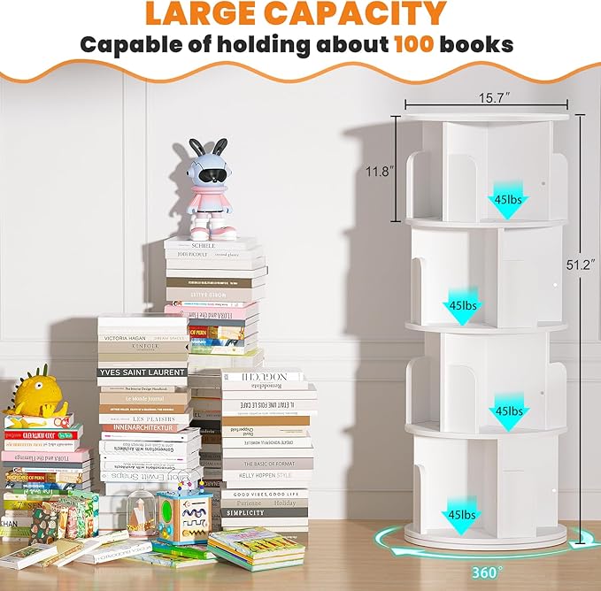 Besiost Rotating Bookshelf, Wood Corner Bookshelf, 360 Display Spinning Bookcase Storage Rack, 4 Tier Floor Standing Revolving Bookcase Narrow Book Shelf Organizer for Small Space, Bedroom, White