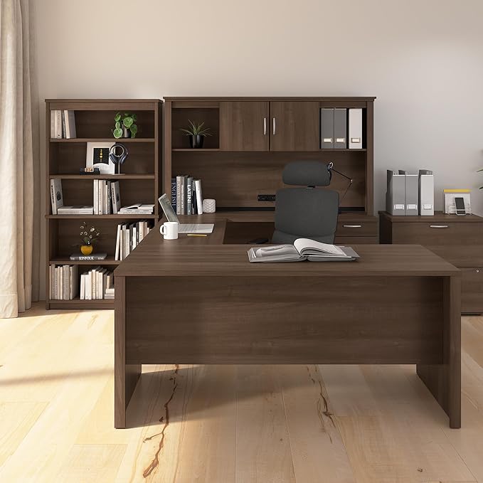 Bestar Logan 66W U-Shaped Desk with Hutch, Lateral File Cabinet, and Bookcase in Antigua