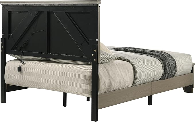 Joanna Weathered Gray Queen Bed w/LED Box Spring Required (4 Slats + 4 Support Leg), Bed Follow Us Standard: Mattress Size 80"L X 60"W (Q) Headboard With LED Light Bed Leg height: 33"H, Internal Siz