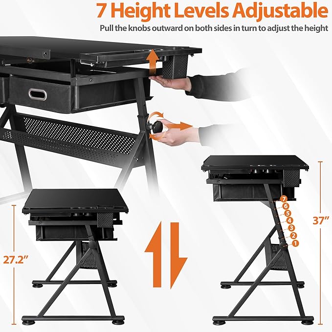 Drafting Table Drawing Desk w/Power Outlet, Art&Craft Work Station Height Adjustable Tilting Tabletop Craft Table Desk w/Stool and 2 Storage Drawers for Home Office, Black