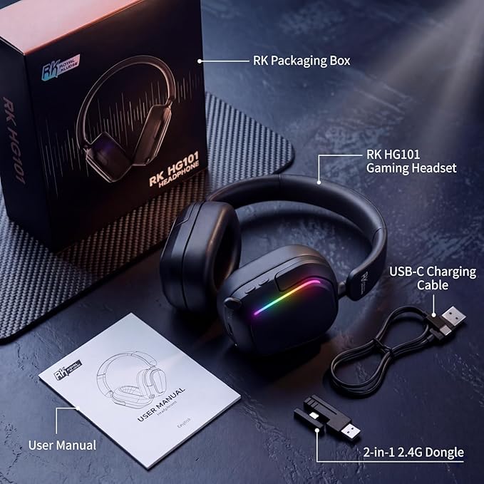 RK ROYAL KLUDGE HG101 Wireless Gaming Headset, 7.1 Surround Sound, Stereo Wired Headphones with Retractable Mic, Bluetooth 5.3, RGB, Memory Foam Ear Pads, Works with PC, PS4, PS5, Switch, Black