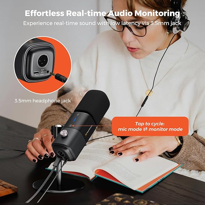 NearStream AM15X Dynamic USB/XLR Microphone with Desk Stand, Supercardioid Podcast Mic with AI Noise Cancellation, 24-Bit/48kHz, Headphone Monitoring, Mute & Gain for Streaming, Recording,Gaming