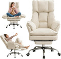 Ergonomic Cloud Cross Legged Office Chair with Footrest,Leather Big and Tall Executive Chair with Wheels,Reversible Armrest,155° Reclining Computer Wide Desk Chair for Home,Office (Beige)