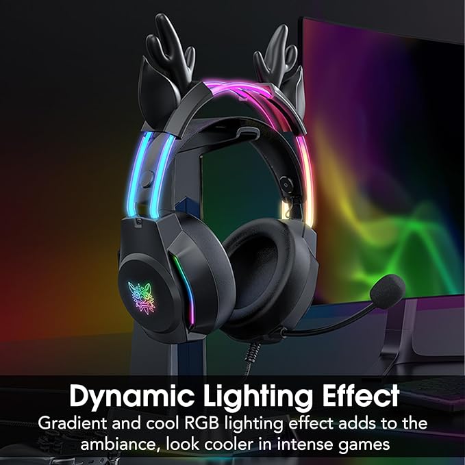 Gaming Headset with Microphone, Deer Ears Headphones for PC Laptop PS4 PS5 Xbox Switch, Rainbow RGB Lighting & Virtual Surround Sound, 3.5mm Over Ear Headphones, Ergonomic