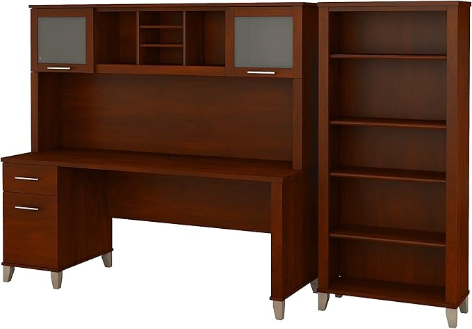 Bush Furniture Somerset 72W Office Desk with Hutch and 5 Shelf Bookcase in Hansen Cherry