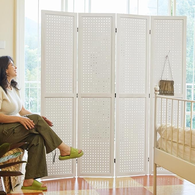 Pegboard Display, 5.6Ft Wooden Room Divider Folding Privacy Screens Portable Freestanding Wall Organizer for Retail Craft Art Display Board (4panels, White)