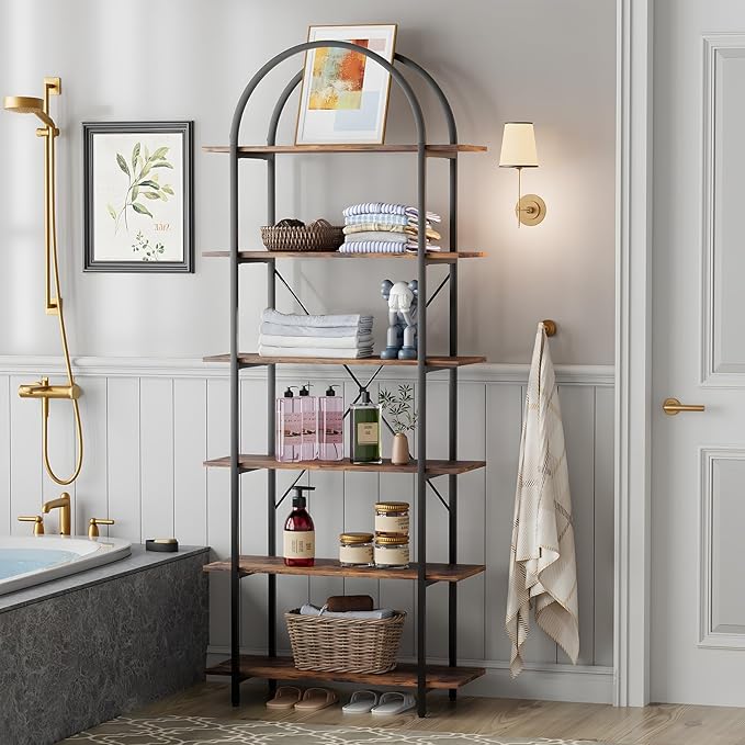 Arbuxzuy 6 Tier Bookshelf, 83" Tall Arched Bookcase, Tall Book Shelf with Metal Frame, Industrial Display Standing Shelf for Living Room, Home Office, Bedroom, Brown