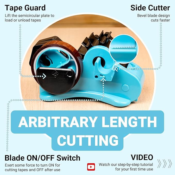 THINKLEARN Heat Tape Dispenser - Sublimation Heat Transfer Tape Dispenser with Scissors and Utility Knife, 1 '' & 3'' Core, Multi-Roll Pre-Cut Tape Dispenser for Crafting, PreCut 1.4'' Pieces, Blue