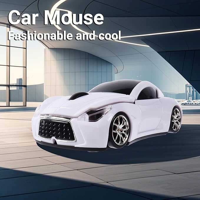 elec Space Wireless Mouse, Cool Car-Shape Wireless Mouse with LED Headlights, 2.4G Unique Car Mouse for Kids with USB Receiver, 1600 DPI Cute Gaming Mouse for Laptop PC Computer-White