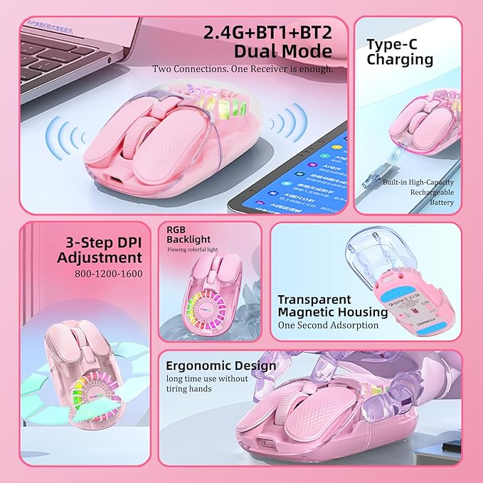 Wireless Bluetooth Mouse, Transparent BT+2.4G Dual-Mode Gaming Mouse with Magnetic Top Cover, Rechargeable RGB Backlit Computer Mouse for Laptop, PC, MacBook, iPad (Pink)