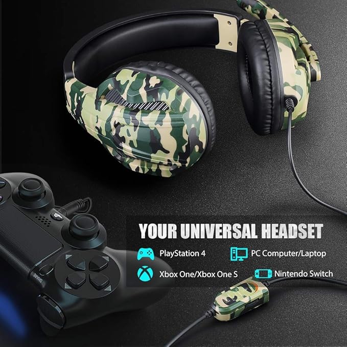 Picozon Gaming Headset with Microphone, 3.5mm Plug Headphone Compatible with PS5 PS4 PlayStation 4/5 Computer Laptop iPad Surface Smartphone - Camouflage Green