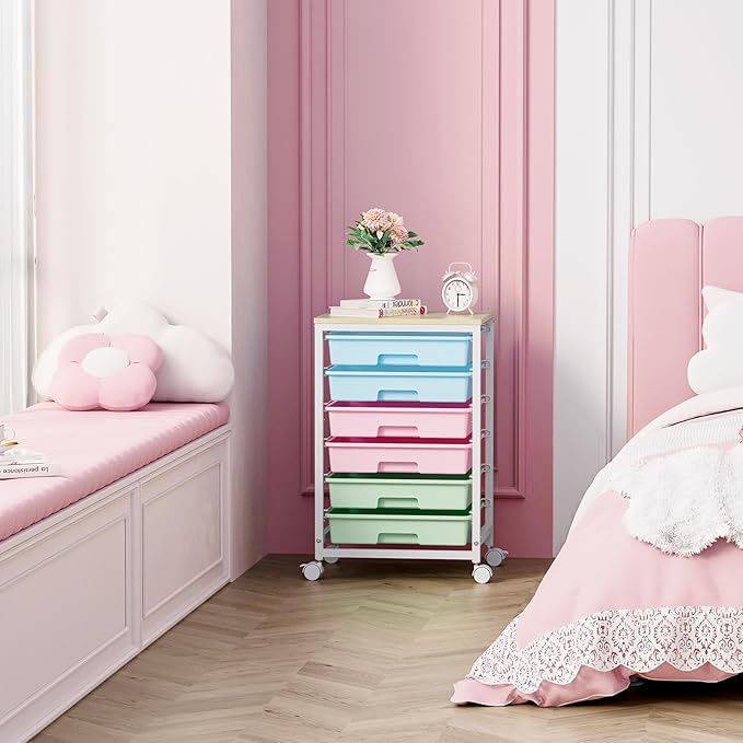 SYKIARIOL Rolling Cart with Drawers,Utility Cart with 6 Drawers,Rolling Storage Cart with Drawers and Wooden Tabletop & Lockable Wheel,Colorful
