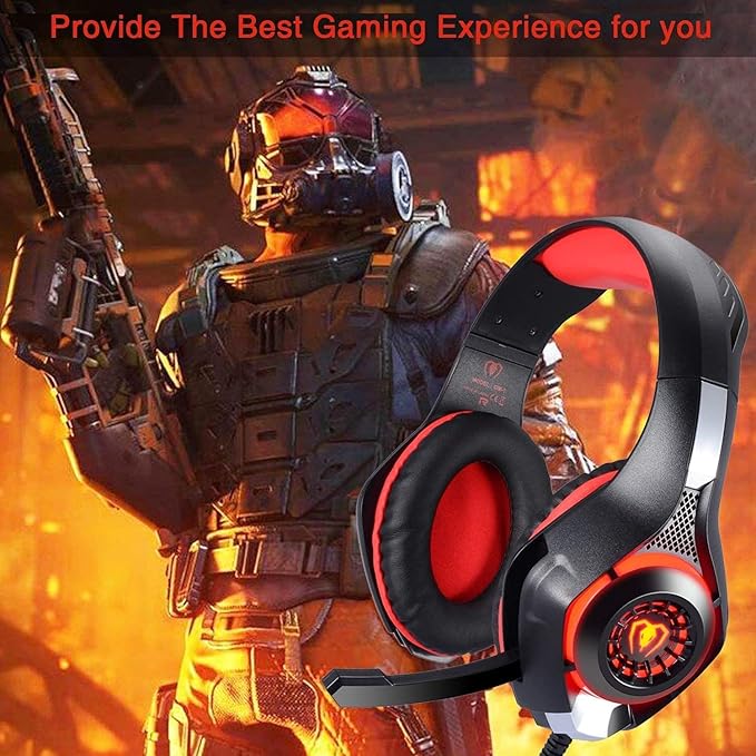 BlueFire Stereo Gaming Headset with Microphone for PS5 PS4 Xbox One Switch PC Mac – Wired Over-Ear Headphones with Surround Sound, Soft Memory Foam, Noise Canceling Mic, Light, 3.5mm Jack (Red)