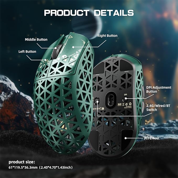 MAMBASNAKE M5 Ultra Carbon Fiber 8KHz Wireless Gaming Mouse,PAW3950MAX Sensor 42K DPI,39g Superlight Tri-Mode 2.4GHz/BT/Wired Computer Mice,Web Driver Support,for Win/Mac/FPS/MOBA/Esports-Green (A)