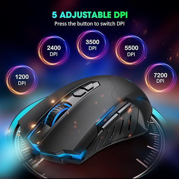 Wired Gaming Mouse, Computer Mouse Wired RGB LED with 7200 Adjustable DPI, 7 Programmable Buttons, USB Ergonomic PC Gaming Mice for Laptop Gamer Office