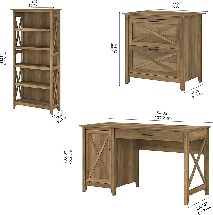 Bush Furniture Key West 54W Computer Desk with 2 Drawer Lateral File Cabinet and 5 Shelf Bookcase in Reclaimed Pine
