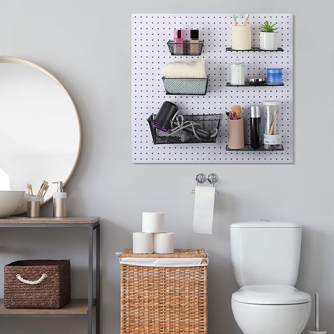 Sieral 30 Pcs Pegboard Organizer Accessories Kit Includes Peg Board Shelving Storage Basket Organizer Bins Hooks Loops Cup with Cup Holder for Garage Room Wall Attachments Tools(Black)
