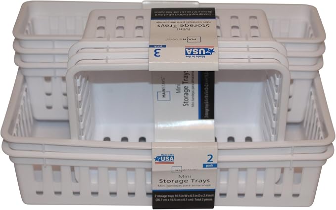 Mini Storage Trays Bin Bundle- Basic Square 3pk, Slim Plastic Storage Trays Basket 3pks, Rectangular 2pk -White