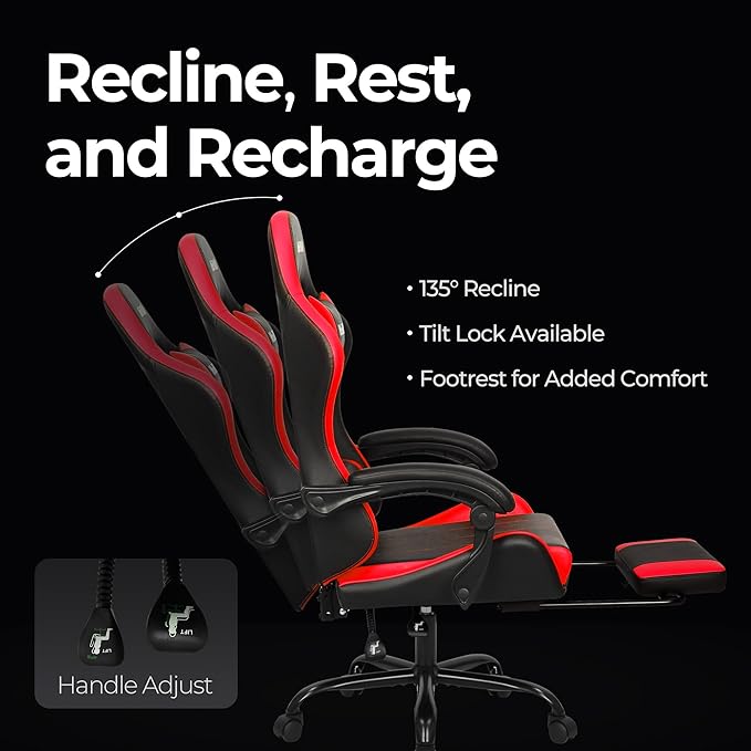 NEO CHAIR Video Gaming Chair with Footrest High Back Ergonomic Comfortable Office Computer Desk with Lumbar Support Height Adjustable with PU Leather Recliner for Adults Women Men (Red)