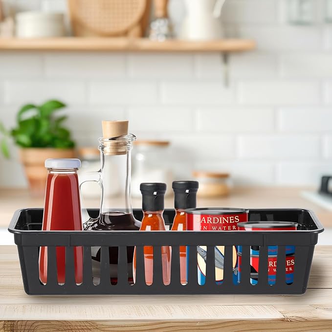 12 Pack Slim Plastic Storage Baskets Tray for Organizing, 10.24 x 3.15 x 2.36 Small Narrow Storage Bins Stackable Drawer Pencil Trays Holder for Desk Garage Cabinet Containers (Black)